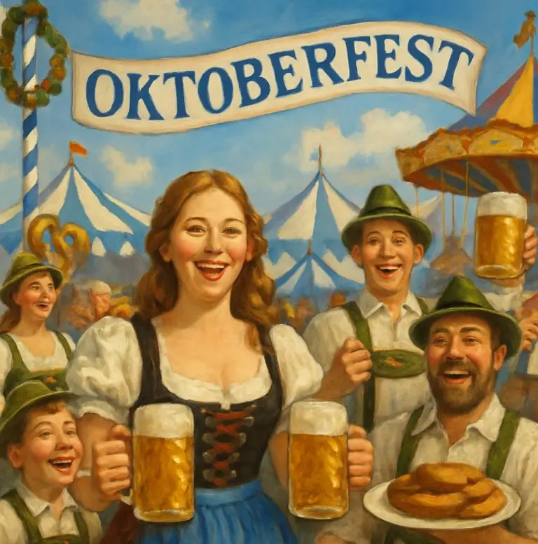 Gemälde mit fröhlichen Menschen in Tracht beim Oktoberfest, mit Maßkrügen, Brezeln und Festzelten im Hintergrund.