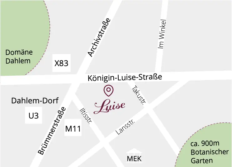 Lageplan des Restaurants „Luise“ in Berlin-Dahlem an der Königin-Luise-Straße, nahe U3 Dahlem-Dorf, mit umliegenden Straßen und Sehenswürdigkeiten. Nicht weit vom Botanischen Garten und der Domäne Dahlem.