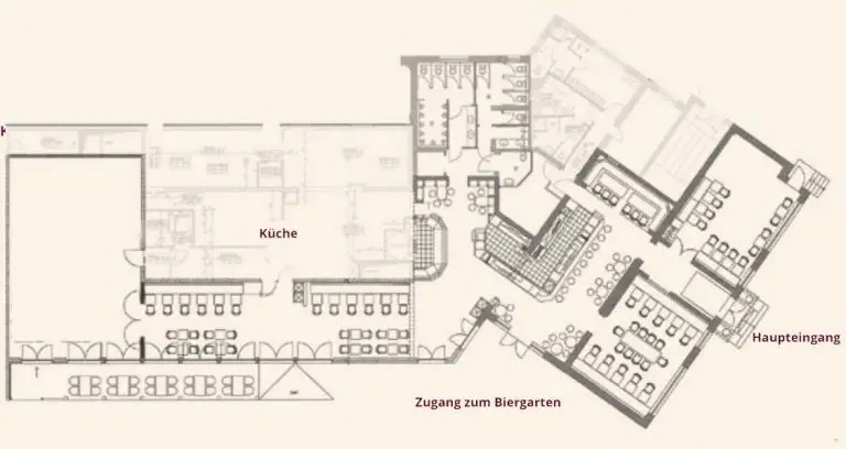 Grundriss des Restaurants Luise Dahlem mit mehreren Veranstaltungsräumen: Kleine Luise (50 Personen), Alte Luise (50 Personen), Restaurant (100 Personen), Veranda (60 Personen), Saal (100 Personen) sowie großzügiger Biergarten mit Platz für bis zu 800 Personen. Sichtbar sind außerdem Tresen, Toiletten, der Zugang zum Biergarten und der Haupteingang. Die Küche ist nicht dargestellt.